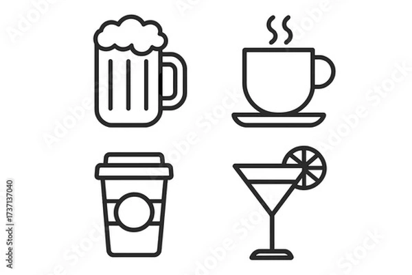 Fototapeta Drinks and beverages line icon set. Coffee, tea, beer and cocktail symbols. Vector pictograms for bar, pub or cafe menu design. Modern outline collection for web and apps.