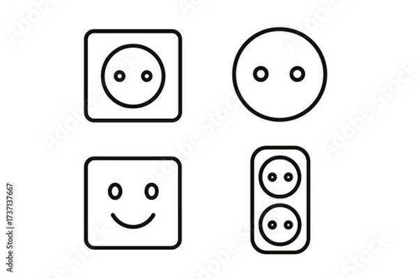 Fototapeta Outlet line icon set. Minimalist vector pictograms with editable stroke. Electricity, power, and energy symbols for UI, UX, web, and app design. Wall socket and happy face.