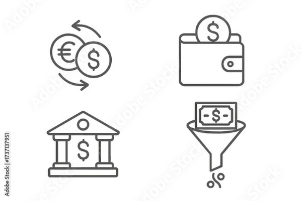 Fototapeta Finance thin line icon set. Money exchange, bank, wallet, currency conversion, sales funnel. Vector outline symbols for banking, investment, payment, cashback, ROI concept.