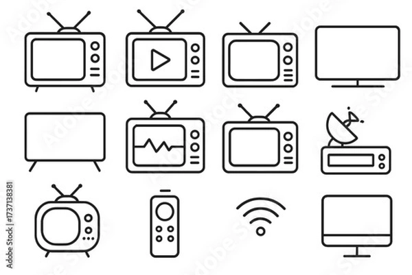 Fototapeta Television line icon set with editable stroke. Big vector collection of TV symbols. Minimalist pictograms for media, streaming, entertainment, web design, apps, and banners.