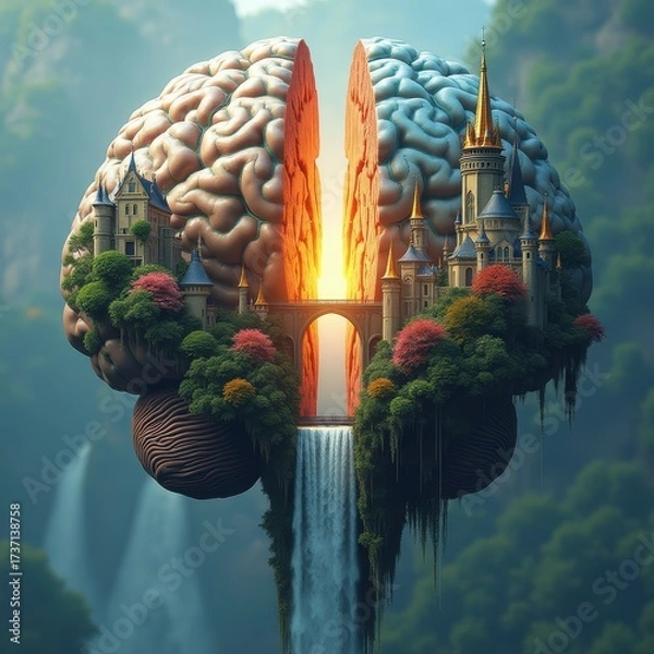 Fototapeta Surreal Landscape with Floating Brain and Castle