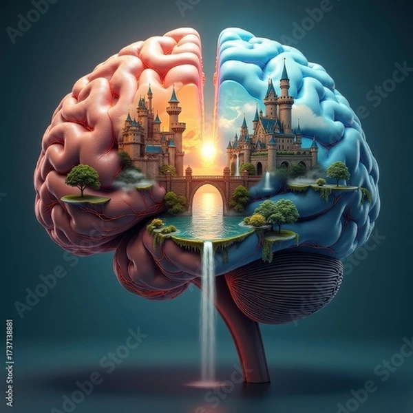 Fototapeta Brain Split with Fantasy Landscape Scene