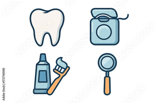 Obraz Dental care icons set. Tooth, dental floss, toothpaste with toothbrush, dental mirror. Oral hygiene symbols. Vector cartoon illustration with transparent background. Medical and healthcare concept.