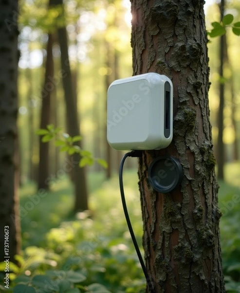 Fototapeta Device Attached to Tree in Lush Forest