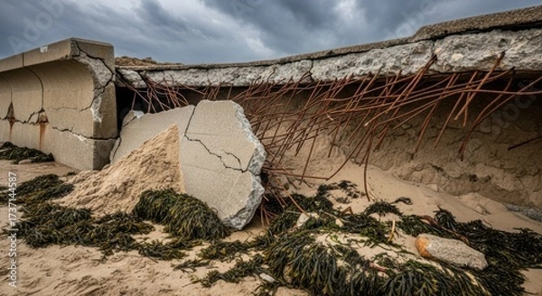 Fototapeta Damaged concrete structure with exposed rebar and seaweed debris on sandy beach