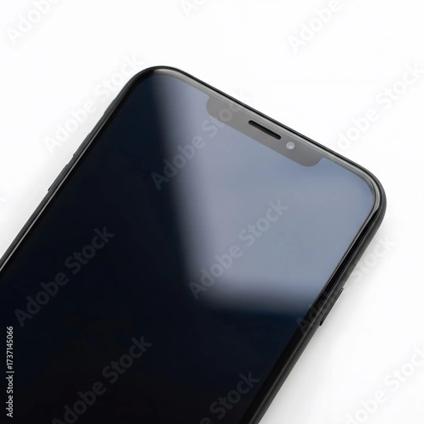 Obraz Close-up view of a modern smartphone with a dark screen and notch, resting on a white surface.
