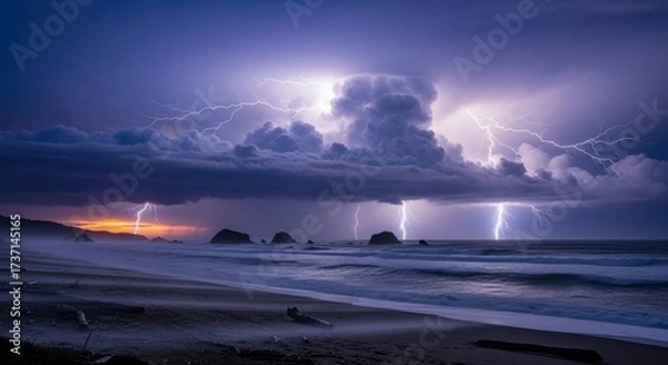 Fototapeta Dramatic lightning storm over ocean with dark clouds and rocky shoreline