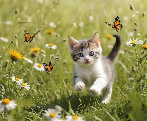 Fototapeta Kitten playing in meadow with butterflies