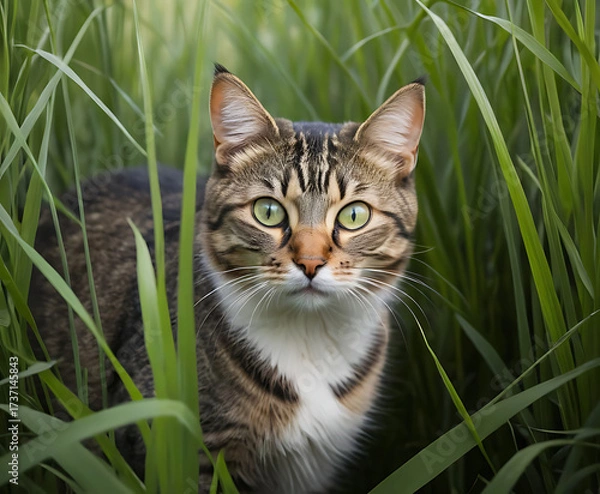 Fototapeta Close up cat hiding in tall grass