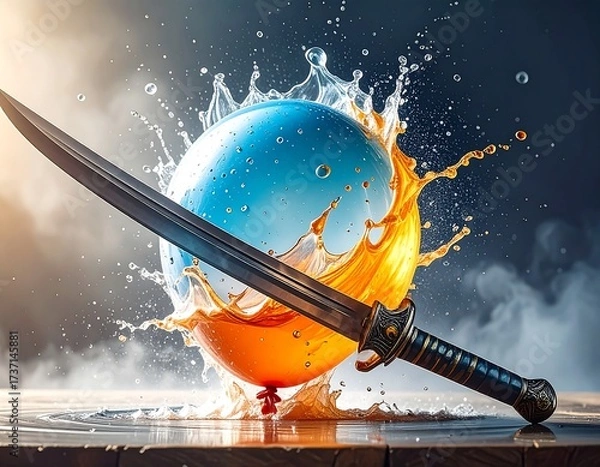 Obraz Sword pierces exploding balloon, splash