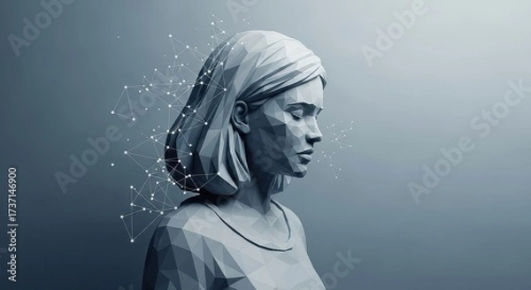 Fototapeta Futuristic Low-Poly Woman with Digital Network Elements