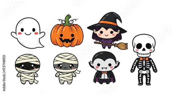 Fototapeta Cute Halloween Characters Collection Ghost Pumpkin Witch Mummy Vampire Skeleton Vector Illustration