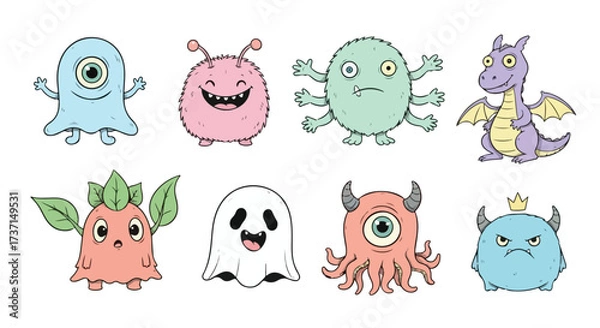 Obraz Set of Cute Cartoon Monsters and Creatures Kawaii Style Kawaii Monster Collection Adorable Cartoon Creatures for Kids and Design Projects