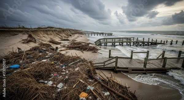 Fototapeta Storm Damage and Debris on Beach with Broken Pier and Overcast Sky