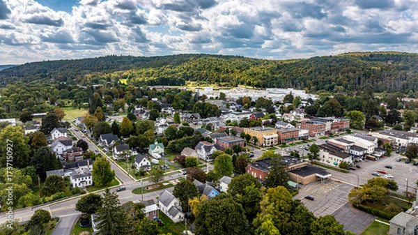 Fototapeta Greene, NY, USA - September 14, 2025 - Afternoon aerial mage of the area surrounding the Village of Greene, Chenango County, NY.