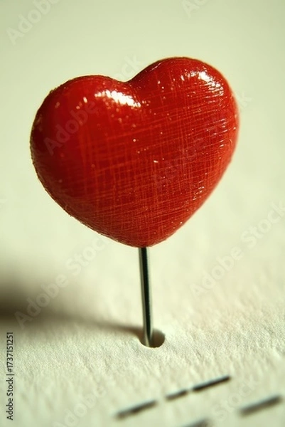 Fototapeta Red heart-shaped pin stuck in white paper, close-up