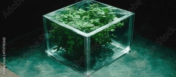 Fototapeta Plant inside clear cube, shadowy background
