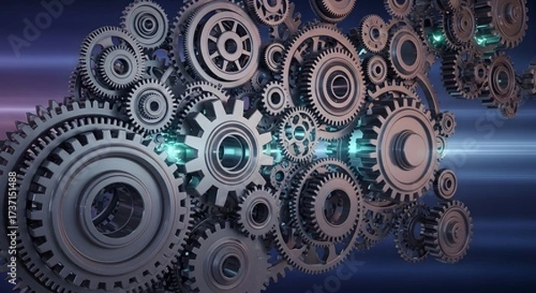 Fototapeta Intricate network of interlocking metallic gears and cogs moving in unison, a conceptual metaphor for industrial engineering, teamwork, and complex technological processes