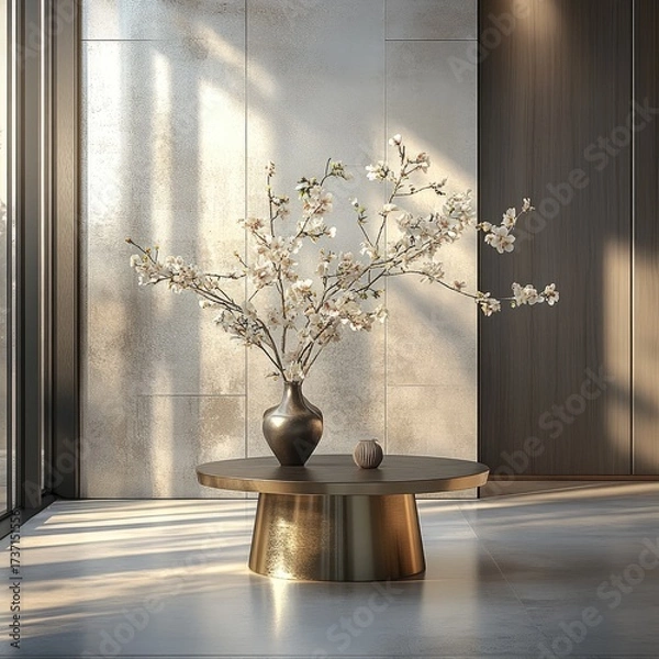 Fototapeta Floral arrangement on low table; sunlight casting shadows