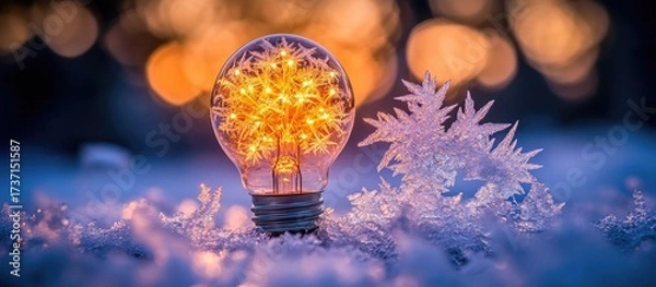 Fototapeta Lit bulb in snow, snowflake beside, blurred lights behind