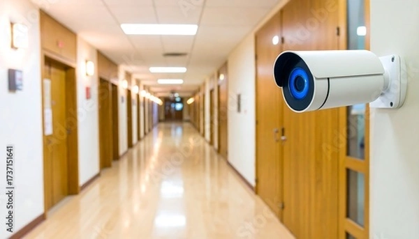 Obraz Security camera monitoring a long office corridor
