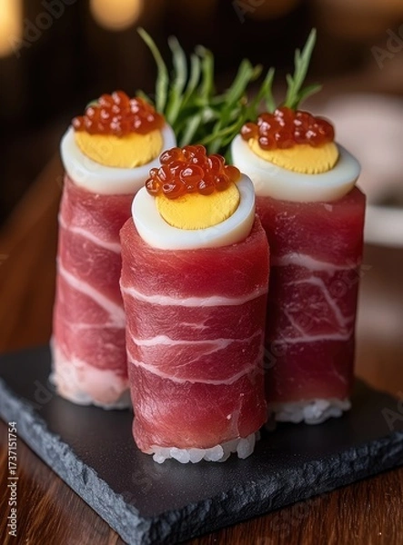 Fototapeta Ham-wrapped egg bites with caviar on a slate plate