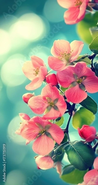 Fototapeta Pink blossoms with green leaves against a bokeh backdrop