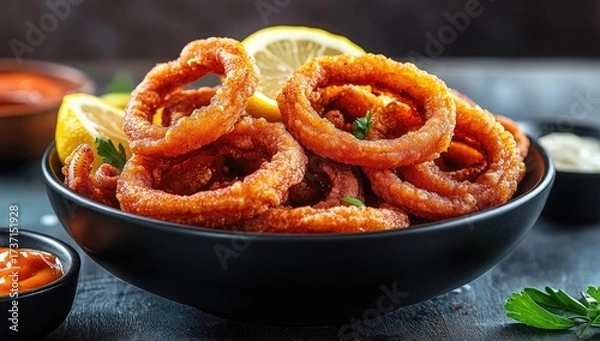 Fototapeta Fried onion rings in a black bowl with lemon wedges