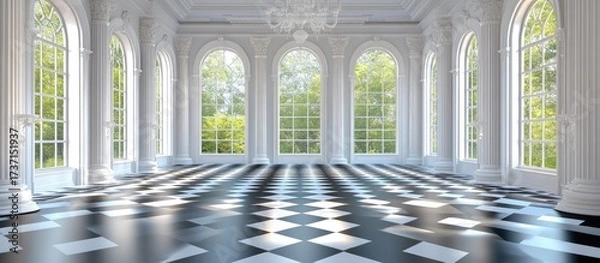 Fototapeta Ornate, white room with checkered floor and large windows