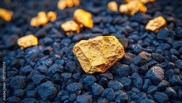 Fototapeta Golden nuggets lay on a bed of dark stones in the light