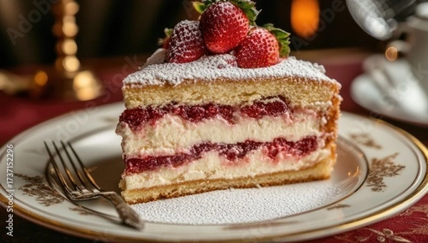 Fototapeta Strawberry cake slice on plate, dusted sugar, fork nearby
