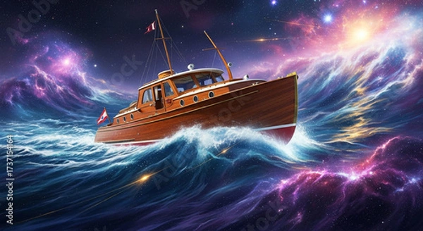 Fototapeta A classic yacht sails through a mesmerizing cosmic sea, illuminated by distant galaxies and ethereal starlight, blending nautical elegance with space