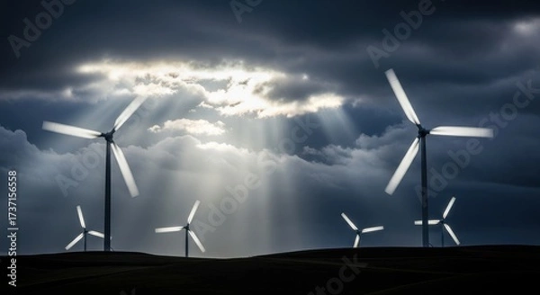 Fototapeta Wind Turbines Under Dramatic Cloudy Sky with Sun Rays