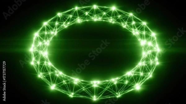 Fototapeta A glowing green circular network structure with connected points of light is centered against a black background, creating a futuristic and abstract visual that evokes connections and technology,...