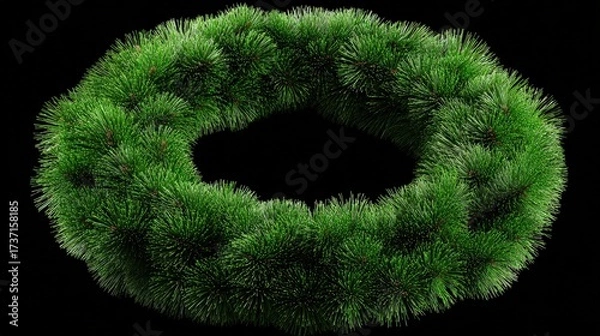 Fototapeta Lush green foliage forms a circular wreath against a stark black backdrop, showcasing a detailed texture and vibrant color.