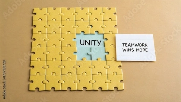 Fototapeta Puzzle pieces showing unity with message about teamwork winning more, representing collaboration and community strength