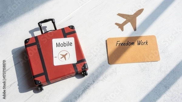 Fototapeta Red suitcase with mobile label and freedom work sign on white surface with airplane shadow, symbolizing remote travel and work