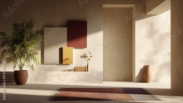 Fototapeta Interior design depicts a tranquil and inviting space, featuring a potted plant next to a wall with colorful abstract square displays, with sunlit shadows and a rug creating a warm, peaceful ambiance