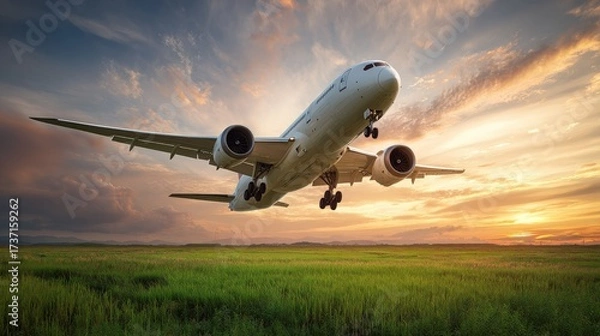 Fototapeta Large passenger aircraft taking off from the runway, showcasing a beautiful sunset sky filled with vibrant orange, yellow, and pink hues alongside a green grass field, creating a stunning aerial view