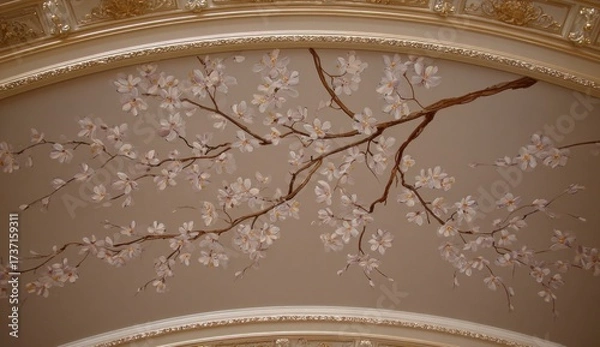 Fototapeta Painted ceiling detail of a flowering branch, framed with ornate molding