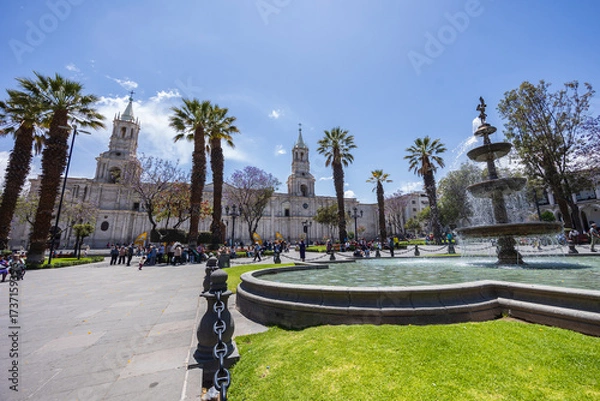 Fototapeta Photographs and postcards of the Plaza de Armas in Arequipa, the White City of Peru, a vacation destination with stunning views of volcanoes and the Andean snow-capped peaks