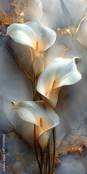 Fototapeta Three delicate calla lilies stand gracefully, their pale petals illuminated by warm light. The rich marble background enhances their beauty in a tranquil setting.