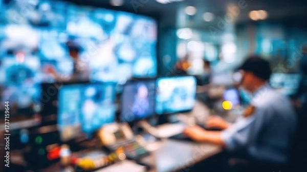 Fototapeta Blurred interior showcases a security control room, featuring multiple computer monitors displaying various video feeds while an operator wearing a uniform monitors the surveillance systems with...