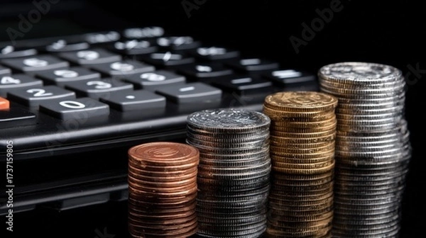 Fototapeta Stacks of currency coins are arranged near a calculator on a black surface, depicting financial planning and economic concepts with various coin colors and reflections in a high-angle  shot.