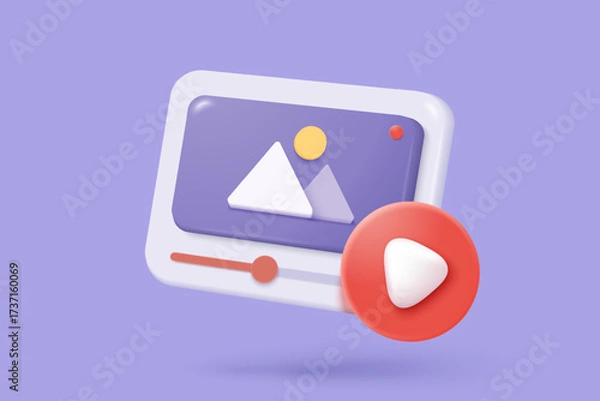 Fototapeta 3D live stream icon on social media browser, emotion in cinema frame. Social media playing video promote the idea of passive revenue generation. 3D live entertainment icon vector render illustration