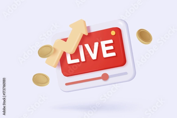 Fototapeta 3d social media with live streaming icon signs and emotion on browser. Social media online playing video for make money passive income concept. 3d live entertainment icon vector render illustration