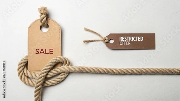 Fototapeta Sale Tag and Restricted Offer Tag with Twisted Rope on Plain Background for Retail Marketing and Promotional Campaigns