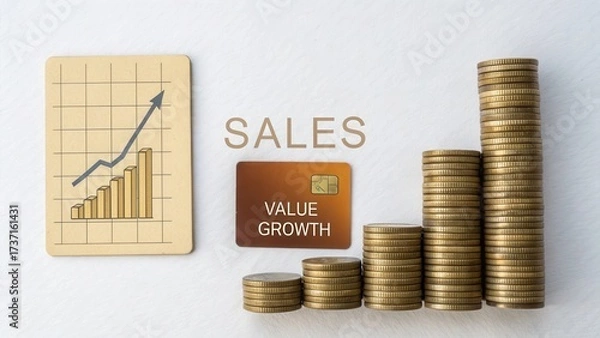 Fototapeta Sales Growth Representation with Coins, Card, and Graph Depicting Financial Success and Positive Trend in Business Economy