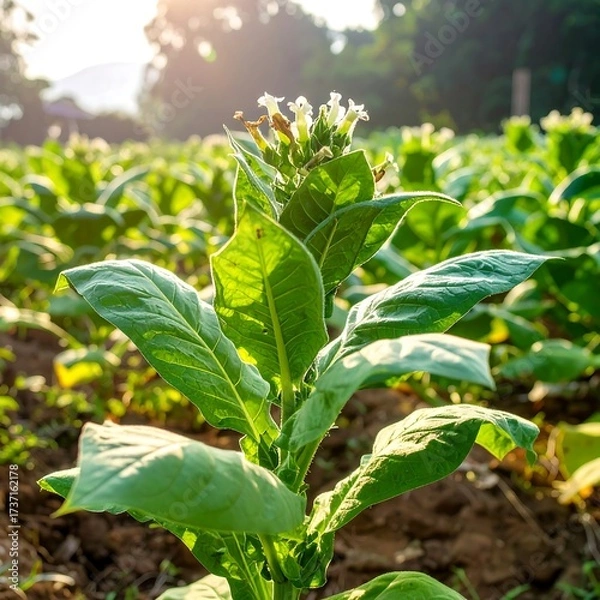 Obraz Tobacco plant in a field, vibrant green leaves, small white flowers