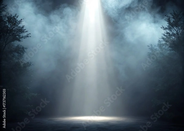 Obraz Mysterious bright beam of light illuminates foggy forest at night